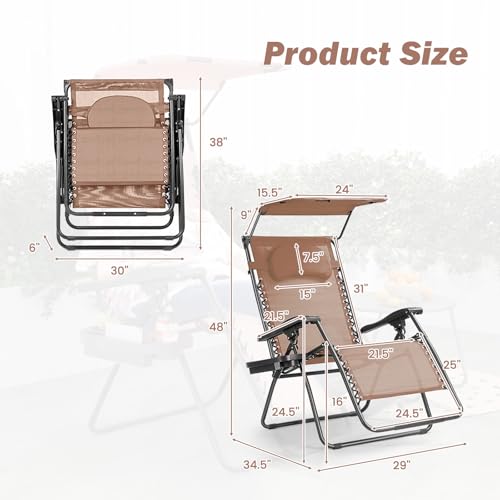 Goplus Zero Gravity Chairs, X-Large Folding Lounge Lawn Chair w/Canopy Shade & Cup Holder, Adjustable Folding Patio Recliner for Pool Porch Deck Oversize (Coffee) - color: Coffee Zero Gravity Chair