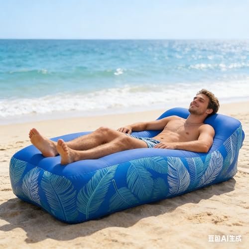 Inflatable Lounger Sofa Bed Blue Leaf Print 210T Tear Protective Nylon with Breathable Mesh Safety Buckle Windproof Nails for Beach Camping Outdoor