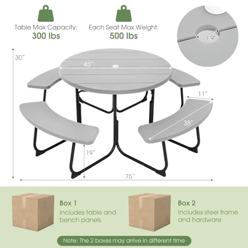 Giantex Picnic Table Set for Up to 8 Persons, Round Outdoor Table and Bench Set with Umbrella Hole, HDPE Top & Metal Frame, 2000LBS Capacity, Patio Table Bench for Deck Backyard Garden (Gray) - color: Grey, size: Round-43"x43"x30"