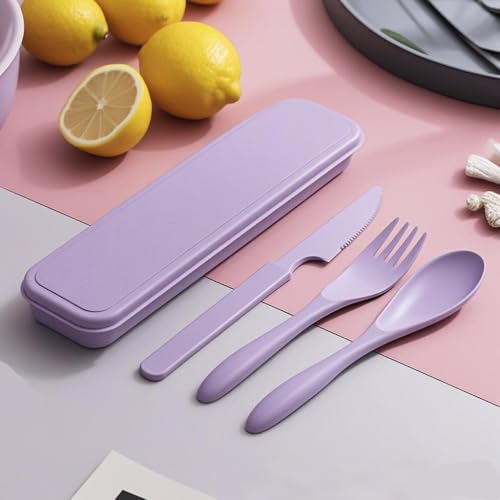 Travel Utensils Set - Reusable 5 Sets Wheat Straw Plastic Cutlery with Case, Portable Forks Spoons and Knives Set, Eco-Friendly BPA Free for Daily Use (5 Purple) - color: 5 Purple