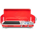 Hike Crew 2-in-1 Gas Camping Stove and Griddle, Portable Propane Burner w/Integrated Igniter & Stainless Drip Tray | Built-in Carrying Handle, Foldable Legs & Wind Panels | Includes Regulator - color: Red