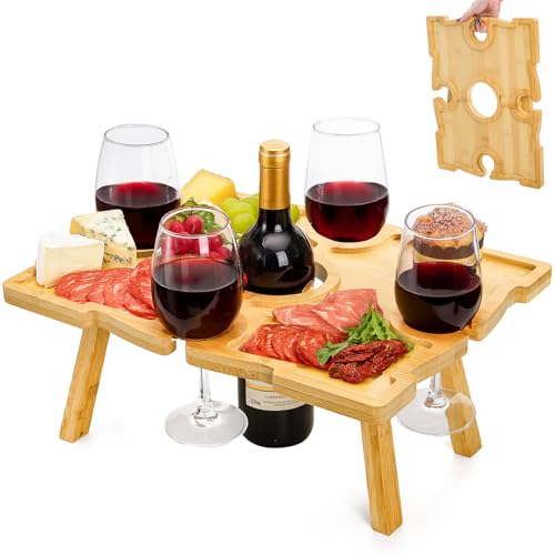 Coloch Portable Bamboo Wine Picnic Table with Wine Glass Holder, Foldable Rectangle Picnic Table Tray Beach Snack Table for Outdoor, Park, Beach, Camping, Wine Lover Gift