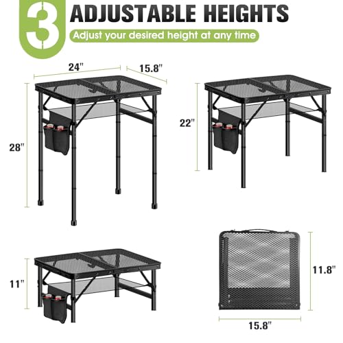 Ciavca Upgraded Folding Grill Table - Metal Portable Camping Table, 3 Height Adjustable Max 28", Lightweight Foldable for Outside BBQ 24"x15.8" - size: 24"x15.8"x28"