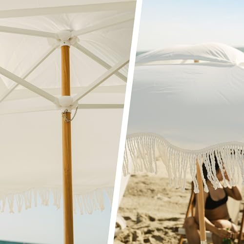 AMMSUN Beach Cabana with Beach Blanket, 7' x 7' Boho Canopy with Tassels, Premium Wood Pole, Fringe Cabana Tent with Sand Pockets, Instant Sun Shade for Sand, Garden, Outdoor, Elegant White - color: Elegant White with Beach Blanket
