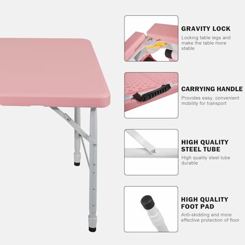 Portable Plastic Folding Table 4ft/6ft/8ft Heavy Duty White Black Picnic Dining Table Fold-in-Half for Camp Party Kitchen Indoor Outdoor - color: Pink, size: 4FT, style: Flat Desktop