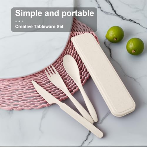 3-in-1 Portable Cutlery Set with Case – Reusable Camping Utensils – Travel Fork, Knife, Spoon Set for Camping, Picnic, Beige - color: Beige