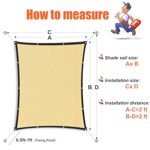 Sun Shade Sail, 12' X 16' Rectangle Shade Sail with Grommets Pergola Shade Cover, Sun Shade Cloth for Patio Carport Yard Lawn Garden (Sand) - color: Sand, size: 12' x 16'