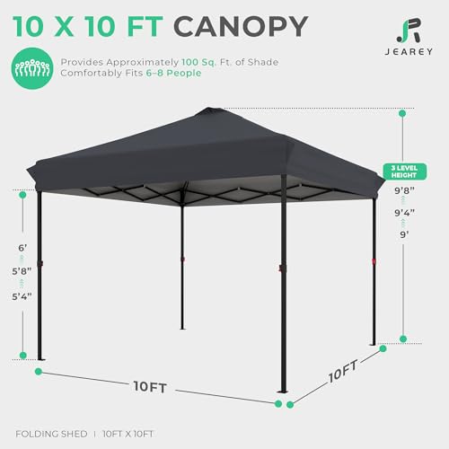 JEAREY 10x10 Pop Up Canopy Tent, Heavy Duty Outdoor Canopy with 1-Push Instant Setup, Commercial Tent with Roller Bag, 4 Sandbags and 8 Stakes, Water-Resistant, Gray - color: Gray
