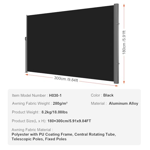 VEVOR Retractable Side Awning, UV 50 118" x 71" Retractable Patio Screen Waterproof, 280 g Thicken Folding Room Divider Wind Screen for Privacy, Garden, Outdoor, Patio and Terrace, Black - color: Black, size: 71''*118''
