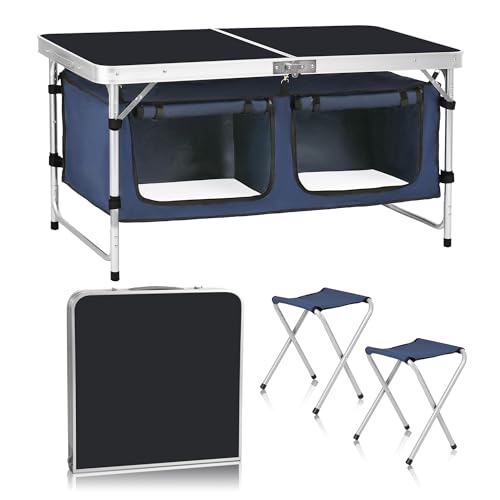 Camp Field Camping Folding Aluminum Table with Adjustable Legs for Outdoor Travel Beach, Backyards, BBQ, Party and Picnic Foldable Table - color: Blackbig