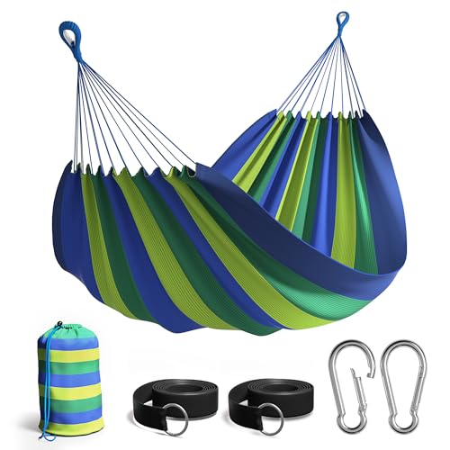 Sorbus Brazilian Double Hammock - Extra-Long 2 Person Portable Hammock Bed for Indoor or Outdoor Spaces - Hanging Rope, Carrying Pouch Included (Blue/Green Stripes) - color: Blue/Green Stripes