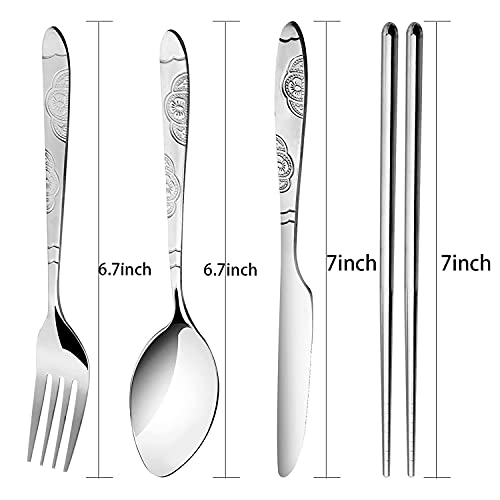 Arroyner 6 Pack Reusable Flatware Sets Knife, Fork, Spoon, Chopsticks, 24Pcs Portable Travel Stainless Steel Tableware Dinnerware with Carrying Case - size: 6Pack-24PCS