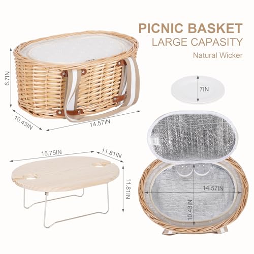 Picnic Basket Set for 2 - Wicker Insulated Picnic Basket with Waterproof Blanket, Folding Wine Picnic Table & Cutlery Kits, Picnic Baskets Kit for Camping, Outdoor, Valentine (White Flower) - color: Whiteflower, size: 2-person Set