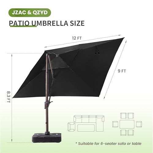 JZAC & QZYD 9x12 FT Outdoor Cantilever Patio Umbrella with Base Included and LED Lights, Large Heavy Duty 2-Tier Aluminum Offset Umbrellas with 360-Degree Rotation for Pool Deck, Black - color: Black, size: 9'×12' - Weighted Base Included