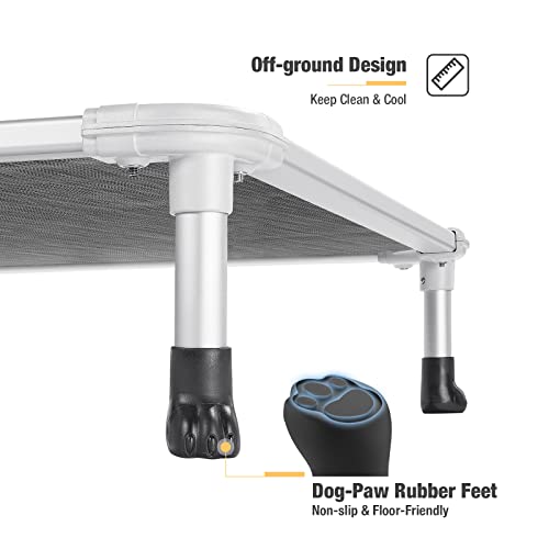 Veehoo Chew Proof Elevated Dog Bed - Cooling Raised Pet Cot - Silver Aluminum Frame and Durable Textilene Mesh Fabric, Unique Designed No-Slip Feet for Indoor or Outdoor Use, Black Silver, Large - color: Black Silver, size: 42.0"L x 30.0"W x 7.0"Th