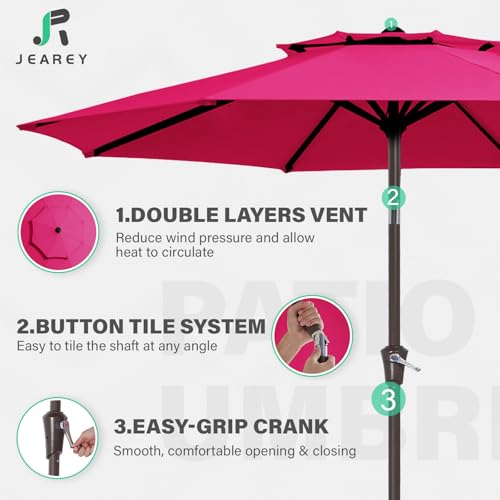 JEAREY 9' 2-Tiers Patio Umbrellas Outdoor Table Market Umbrella w/Push Button Tilt/Crank, 8 Sturdy Ribs, UV Protection Waterproof Sunproof(Rose Pink) - color: Rose Pink