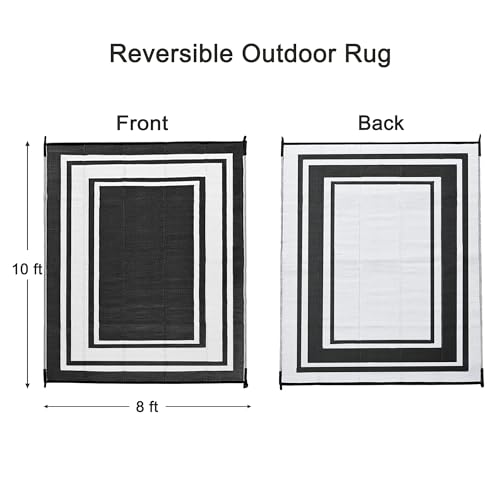 RURALITY Outdoor Rugs 8x10 Waterproof for Patios Clearance,Plastic Straw Mats for Backyard,Porch,Deck,Balcony,Reversible,Black and White - color: Panel-black&white, size: 8' x 10' (Rectangular)