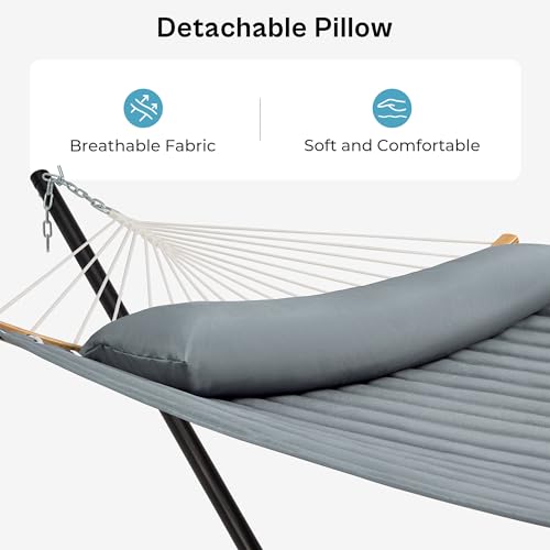 SUPERJARE Hammock with Stand, 2 Person Heavy Duty Hammock with Padded Cotton, Detachable Pillow & Strong Curved-Bar & Portable Carrying Bag, Perfect for Outdoor & Indoor, Neutral Gray - color: Neutral Gray