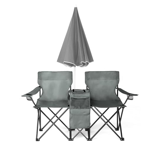 Double Folding Camping Chair W/Umbrella Fold Up Table Beverage Holder Carrying Bag Cooler for Patio Pool Park Outdoor Beach, Picnic, Portable (Grey) - color: Grey