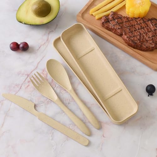 4 Pack Travel Utensil Set with Case, Reusable Spoon Knife Forks Tableware, Portable Cutlery for Adult Travel Picnic Camping or Birthday, Anniversary Use (Beige)