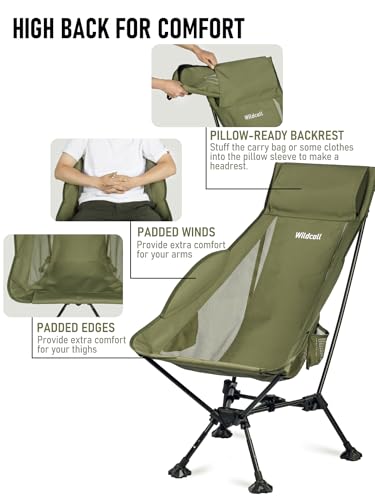 WildCall Lightweight Folding High Back Camping Chair with Head Support, Compact Beach Chair with Anti-Sinking Large Feet and Three Tilt Angles Adjustment - color: 1 X Green High Back