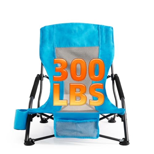 Portable Folding Beach Chair for Adults - Lightweight Low Back Sling Chair with Cup Holder & Storage Pocket, 300lbs Capacity Camping Chair for Outdoor, Lawn, Concert, Travel (Blue) - color: Blue, size: 1 pcs