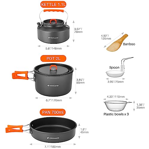 Odoland 10pcs Camping Cookware Camping Pots and Pans Set with Kettle Plastic Bowls and Soup Spoon for Camping, Backpacking, Outdoor Cooking and Picnic - size: 2l Pot + 0.7l Fry Pan + 1.1l Kettle