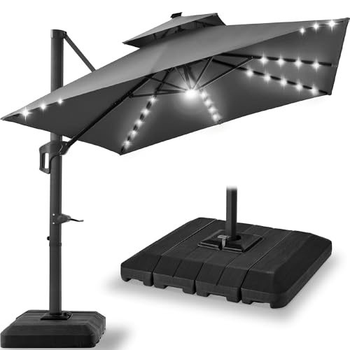 Best Choice Products 9x12ft LED Cantilever Patio Umbrella w/Base Included & 360° Rotation, Large Solar Offset Hanging Outdoor Sun Shade for Deck, Backyard Table w/Stand & Lights – Gray - color: Gray, size: 9x12ft