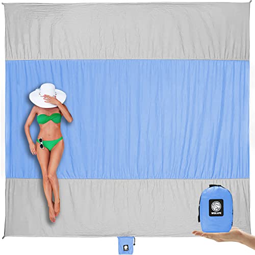 WEKAPO Beach Blanket Sandproof Waterproof, Extra Large Beach Mat, Oversized & Compact Sand Free, Quick Drying Beach Essentials for Vacation, Cruise, Picnic & Camping with Stakes - color: Periwinkle Blue, size: 7x7 FT (1～3 person)