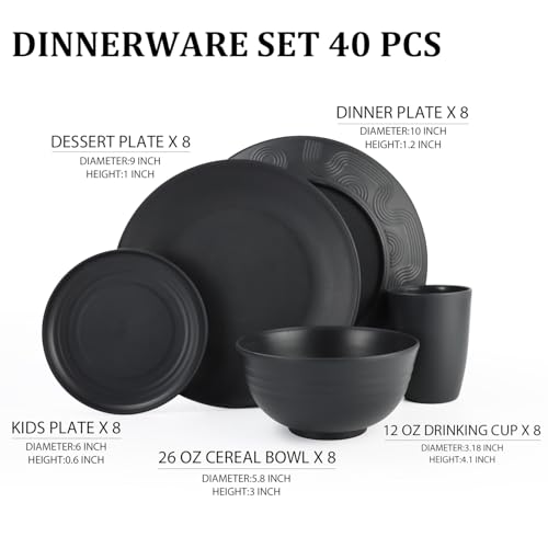 Kitchen Wheat Straw Dinnerware Set 40 PCS Dishes Sets for 8 Plastic Plates Reusable Dinner Plates Cereal Bowls Small Cups Dishwasher & Microwave Safe Unbreakable Dish Set for Picnic RV-Black - color: Black, size: 40 PCS