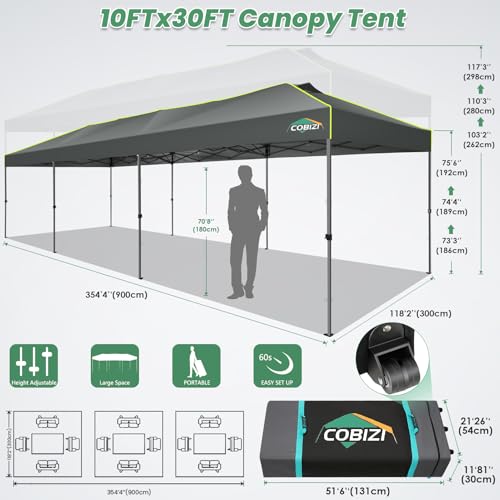 COBIZI 10x30 Pop Up Canopy One Push Party Tent with Air Vent Waterproof Commercial Outdoor Patio Gazebo for Parties Wedding Backyard Events, 3 Adjustable Height, Wheeled Bag, Sandbag, Stakes, Gray - color: Gray, size: 10x30【no sidewalls】
