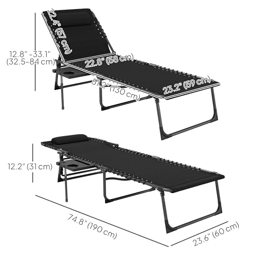 Outsunny Folding Chaise Lounge Chair Outdoor Tanning Chair with Side Table, 5-Level Adjustable Beach Lounge Chair with Headrest, Side Pocket for Patio, Backyard, Beach, Poolside, Black - color: Black