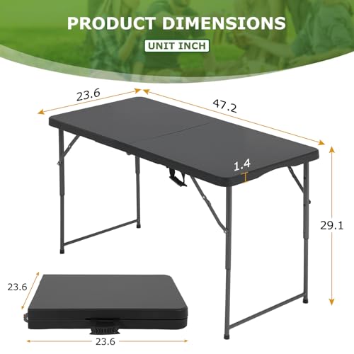 BestOffice 4 FT Picnic Table Folding Table Camping Plastic Table Fold Up Table Lock for Party Event, Black - color: Black, size: 4 FT