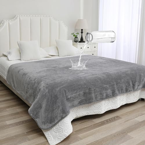 Waterproof Blanket for Beds – Ideal for Couch & Pets Splash Proof Sherpa Throw, Leakproof TPU Layer, Stain Resistant Washable Bed Protector – LightGray, 90"x 80" - color: Lightgray, size: 90"lx80"w