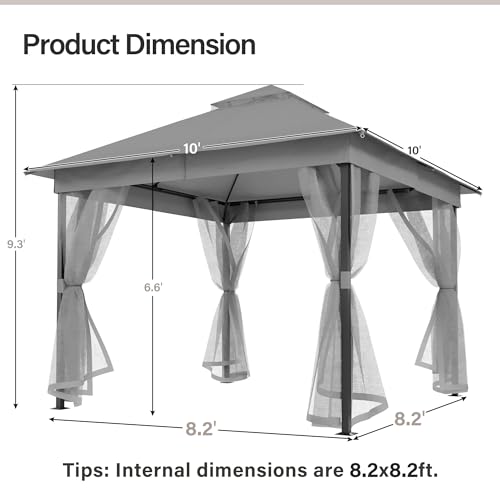 LAUSAINT HOME 10' X 10' Waterproof Patio Gazebo with Mosquito Netting, Double Roof Outdoor Gazebo Pavilion Shelter for Backyard, Garden, Lawn, Wedding (Grey) - color: Gray, size: 10'x10' w/o curtains