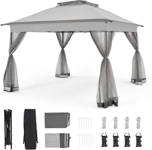 Bezseller 11x11 Pop Up Gazebo with Mosquito Netting, Easy 1-Person Setup Outdoor Canopy, Water-Resistant Portable Shelter for Patio, Backyard & Garden, UV Protection, Light Grey - color: Light Grey, size: 11"x11"