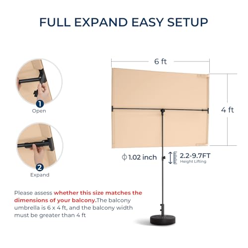 HOMSHADE 6x4ft Outdoor Balcony Umbrella - Flat Porch Pool Patio Umbrella Rectangular Canopy Shade UPF50+ UV Protection 360° Rotating & Tilting All Angles Applicable (Beige, No Base) - color: Beige