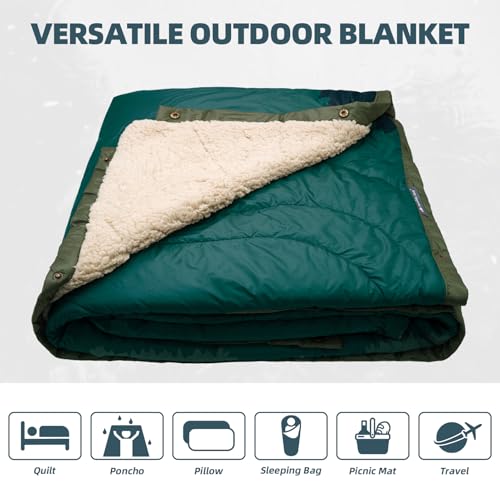 Outdoor Camping Blanket - Puffy Camping Blanket Packable,Sherpa Fleece Warm Blanket for Camping, Outdoors, Travel, Stadium, Festivals, Beach, Hammock 56"x 78" Machine Washable, DWR, Lightweight - color: Green Mountain, size: 78 X 56 Inches