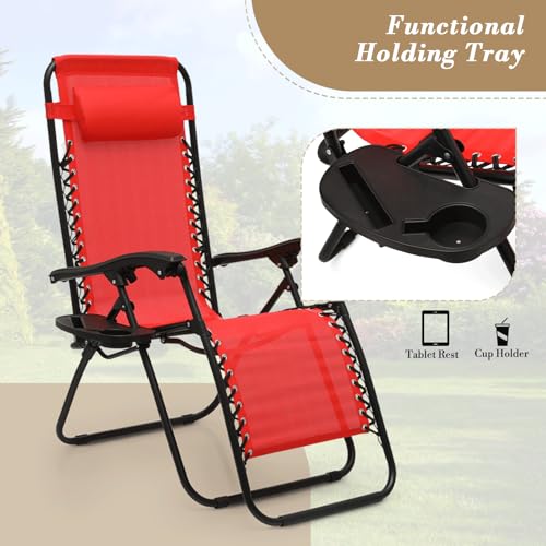 Athena Collection Zero Gravity Outdoor Lounge Chair Set of 2 with Side Table, 25" Width Pool Lounge Lawn Chairs Reclining with Cup Holder, Outdoor Chaise for Beach Patio Backyard Outside, Red - color: Red, style: 25" Width