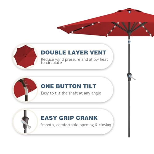 9FT Patio Umbrella with Solar Lights,Outdoor Market Umbrella with Tilt and Crank, LED Lighted Table Umbrella for Garden,Deck,Backyard,Pool,Beach (Red) - color: Red
