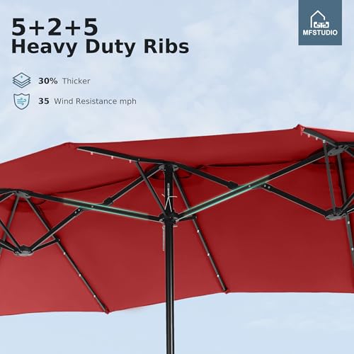 MFSTUDIO 15ft Patio Umbrella with Solar Lights, Outdoor Large Rectangular Umbrellas with Base, Crank Handle and 36 LED Lights for Yard Deck Pool, Burgundy Red - color: Burgundy Red