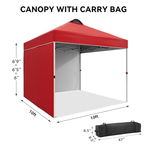 10 x 10 Pop Up Canopy, All Season Instant Canopy with 2 Sidewalls and Vented Roof, Portable Party Tent with Wheeled Carry Bag and Sandbag for Camping, Picnic, Party, Red - color: Red, size: 2 Side Walls