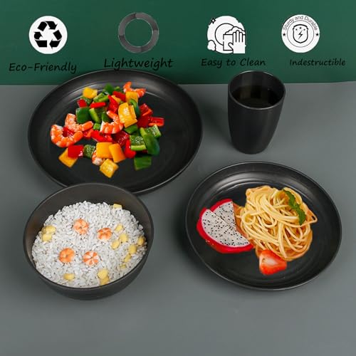 Wheat Straw Deep Dinner Plates Set of 4, Unbreakable Reusable Plates, Microwave & Dishwasher Safe, BPA Free Salad Plates for Kitchen, Daily Use & Parties (Black) - color: Black
