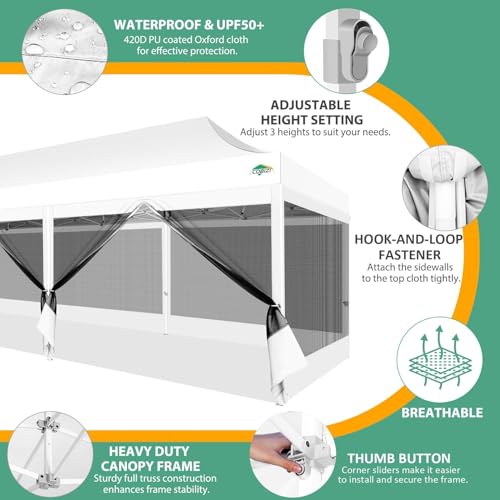 COBIZI 10x30 Pop Up Canopy with Sidewalls, Heavy Duty Canopy with Mosquito Netting, Easy up Screen Party Tents for Parties Backyard Outdoor Commercial Event Gazebo with Roller Bag, Sandbags, White - color: White, size: 10x30ft(standard)