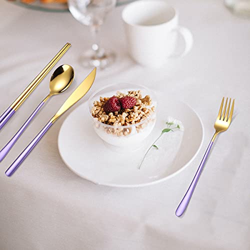 AARAINBOW 6 Pieces 18/8 Stainless Steel Flatware Set Portable Reusable Cutlery Set Travel Utensils Set Including Chopsticks Knife Fork Spoon Straws Cleaning Brush Dishwasher Safe (Purple golden) - color: Purple golden