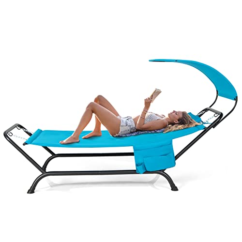 Tangkula Hammock with Stand Included, Heavy Duty Outdoor Hammock with Adjustable Canopy, Rustproof Metal Stand, Pillow, Storage Pocket, Hammock Bed with Stand for Backyard Lawn Poolside (Blue) - color: Blue