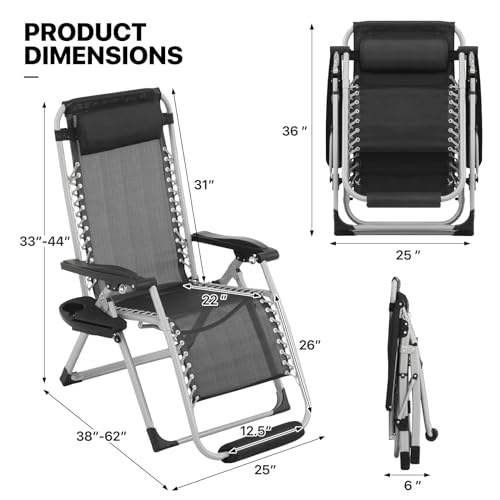 MoNiBloom Zero Gravity Lounge Chair with Cushion, Padded Patio Anti Gravity Recliner, Foldable Outdoor Lounger with Cup Holder Tray, Headrest and Footrest for Beach Camping, Black - color: Black, size: Standard with Footrest 1-Pack