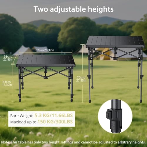 Anbte Camping Table Foldable, 2 Height Max 27.5" Aluminum Roll up Camping Table with Carry Bag & Heat-Resistant Tabletop, Lightweight, for Indoor Outdoor RV BBQ Picnic Patio Beach, 26" x 23", Black - size: 67 x 58 x [44/70] cm