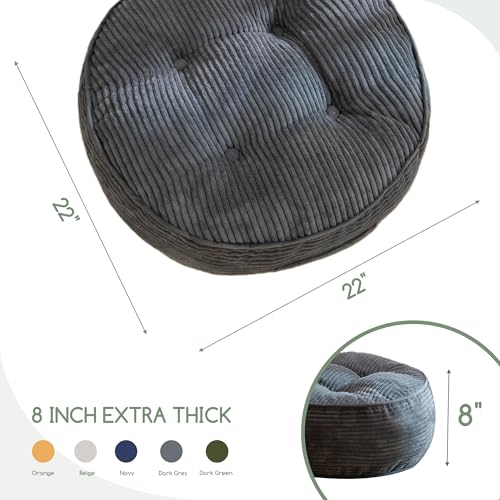 HIGOGOGO 8" Extra Thick Floor Pillow Cushion for Adults, Meditation Cushion Pillow, Large Round Floor Sitting, Tufted Corduroy Cover, for Tatami Living Room or Yoga, 22x22 Inch, 2Pack, Dark Grey - color: Round Dark Grey, size: 8" Thick(Pack of 2)