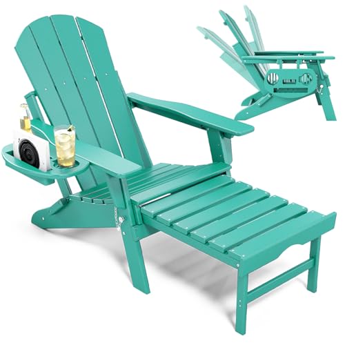 NAVINE Adjustable Adirondack Chair with Retractable Ottoman, HDPE Folding Adirondack Chair with Cup Holder, All Weather Fire Pit Chair for Outdoor. - color: Lake Blue, size: 1 pc